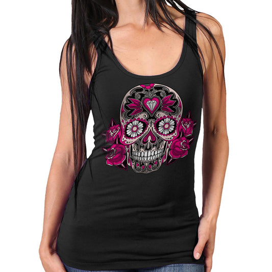 Ladies black tank top with a graphic print of a sugar skull surrounded by floral design.
