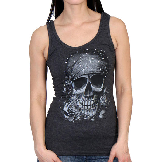 A fitted tank top in heather charcoal color with thick straps, featuring a screen printed skull bandana design with rhinestones.