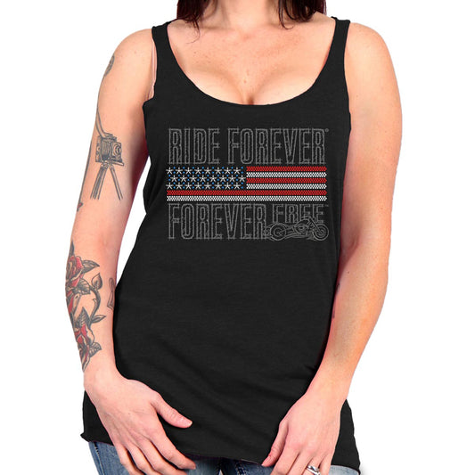Ladies black tank top with 'RIDE FOREVER, FOREVER FREE' text and a rhinestone bling American flag design on the front.