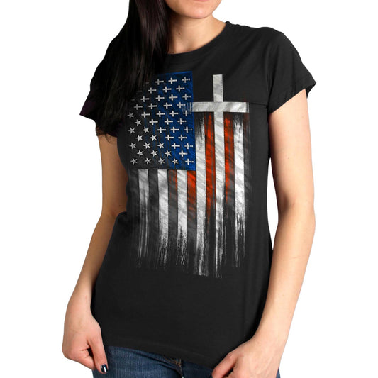 Hot Leathers GLR1520 American Flag Crosses Ladies Black T-Shirt