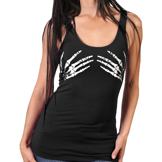 Ladies black tank top with skeleton hands graphic print on the front.