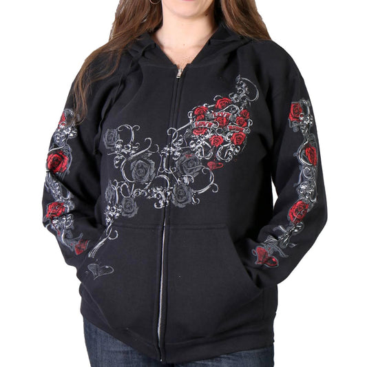 A woman wearing a black hoodie sweatshirt with a graphic print of roses and the text 'Live, Love, Ride'.