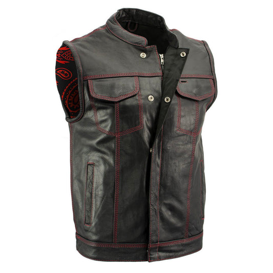 Milwaukee Leather Men's Redline Ledger Club‑Style Motorcycle Premium Leather Vest w/ Red Stitching LKM3788