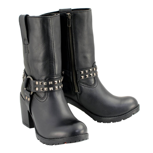 Milwaukee Leather Women's Stud Rebel Black Leather Harness Motorcycle Boots - MBL9314