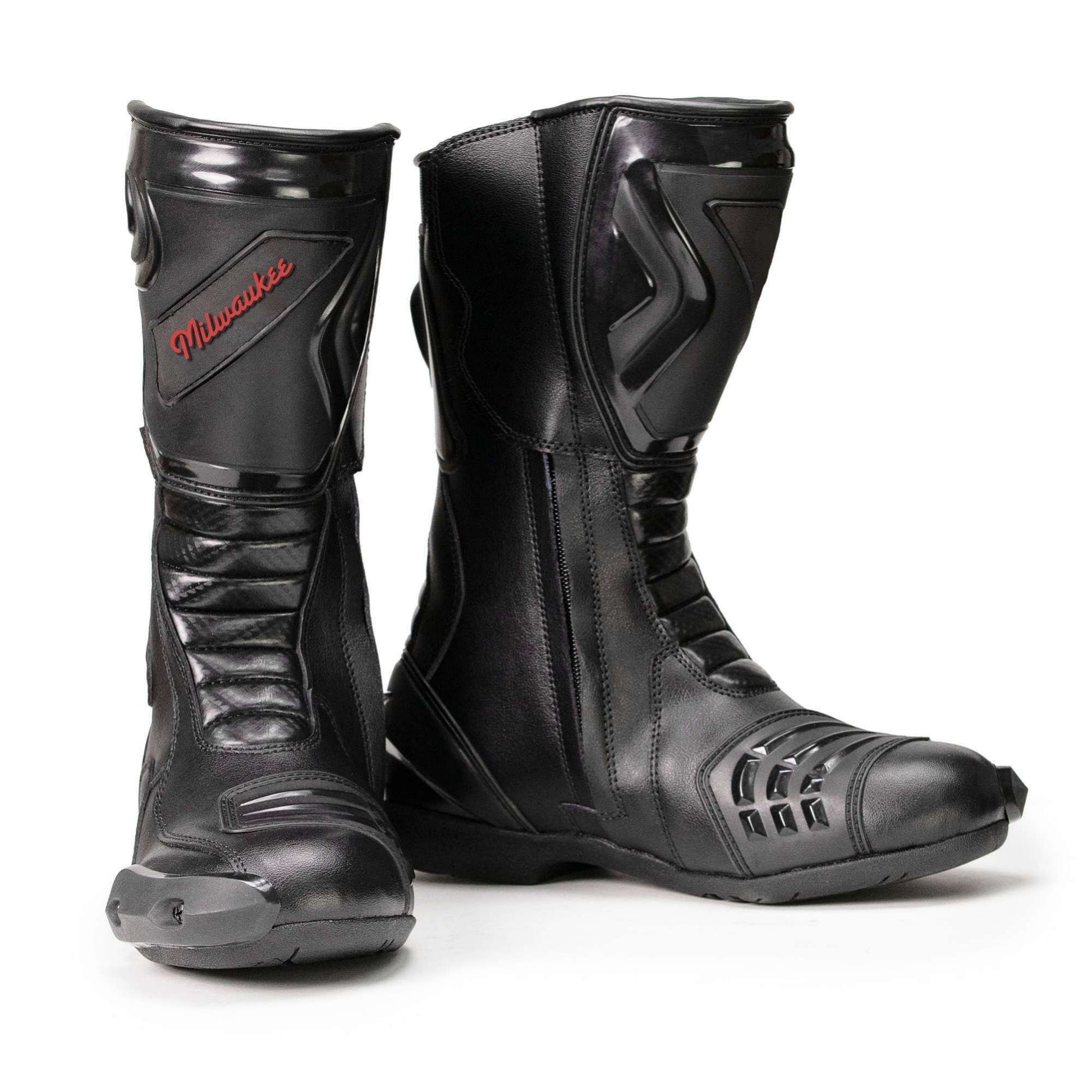 Pair of men's sporty style black motorcycle riding boots with 'Milwaukee' branding on a white background