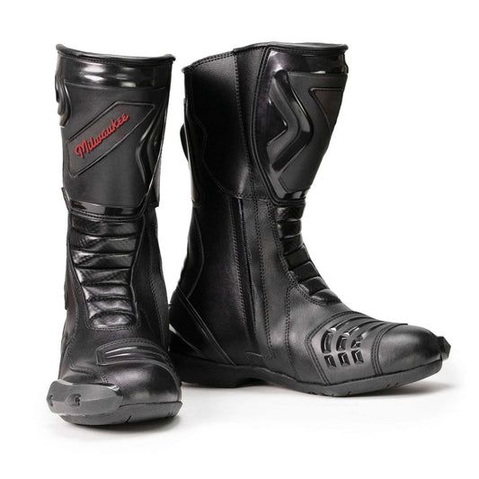 Pair of men's sporty style black motorcycle riding boots with 'Milwaukee' branding on a white background