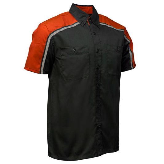 Men's short-sleeved button-up mechanic shirt in black and orange with reflective stripe on the collar