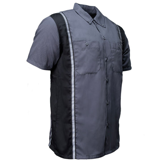 Men's short-sleeved button-up mechanic shirt in grey and black with reflective stripe, collar, and chest pocket.