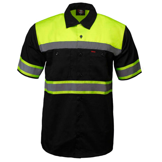 Men's black and yellow safety shirt with reflective stripes on a white background