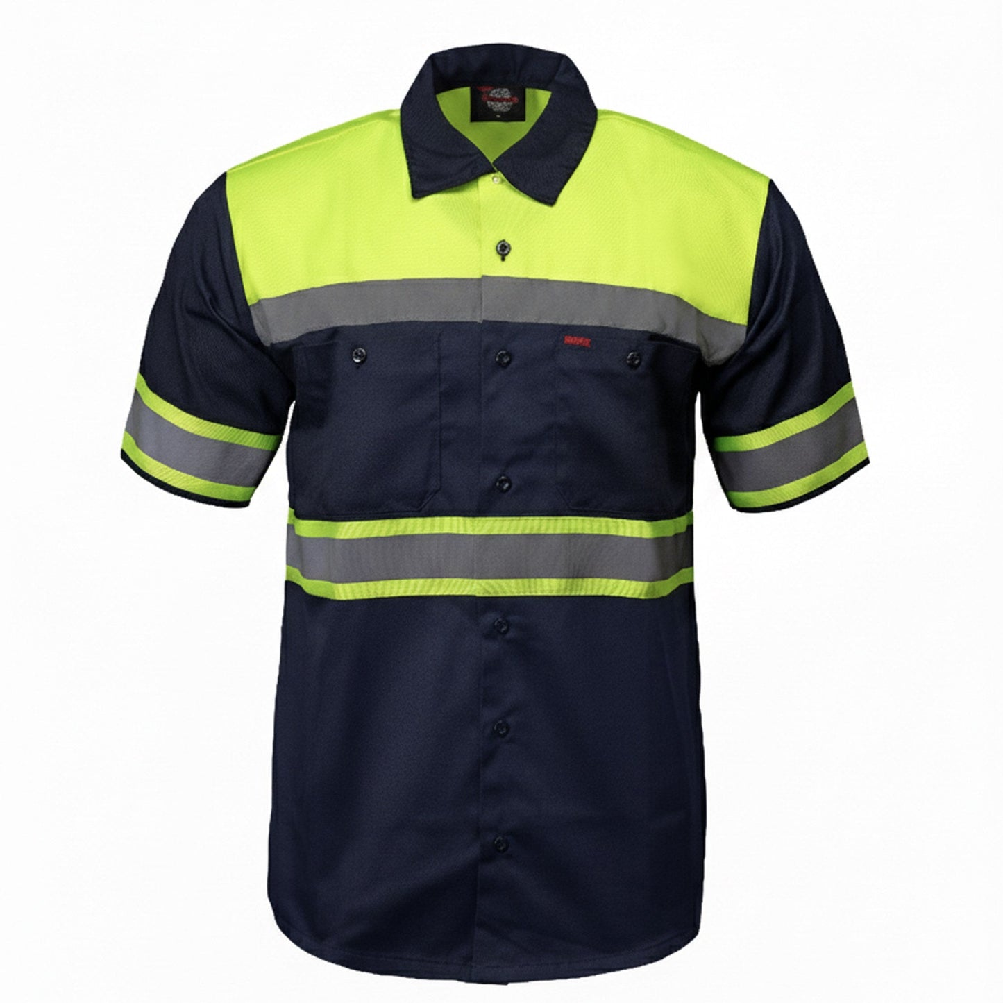 Men's navy and yellow work shirt with reflective stripes on a white background