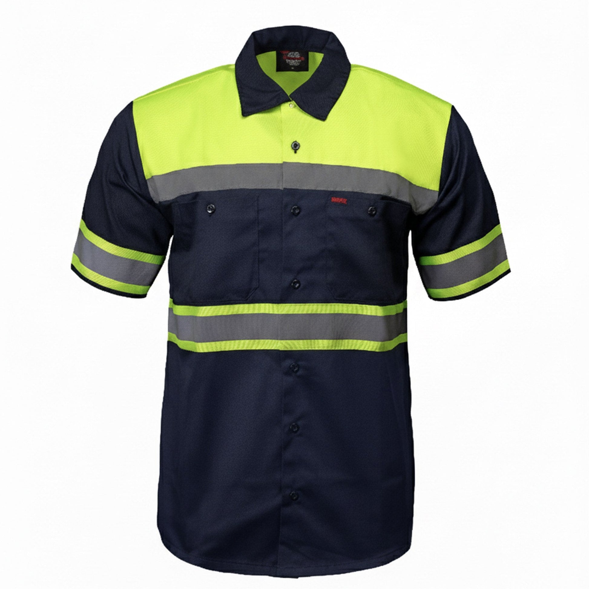 Men's navy and yellow work shirt with reflective stripes on a white background