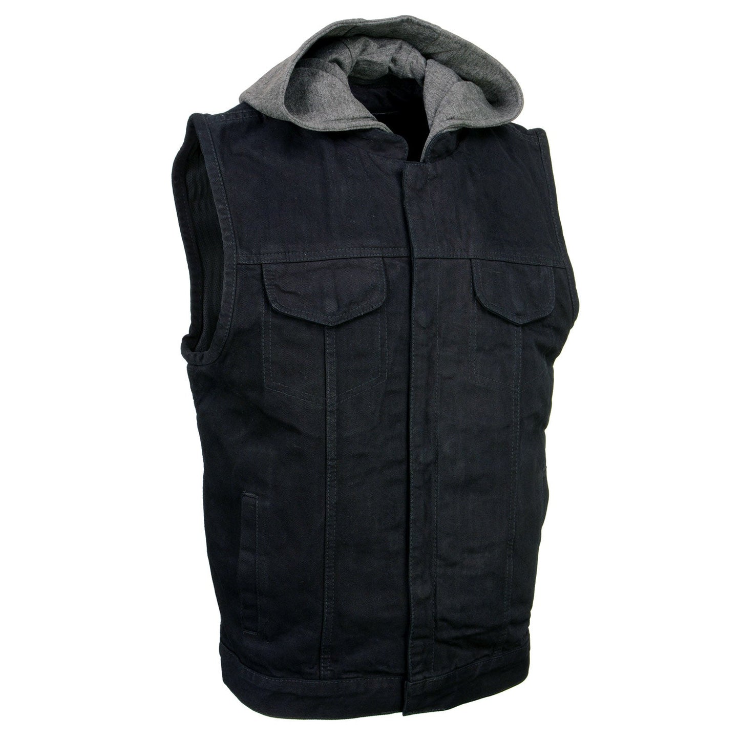 Milwaukee Leather Men's Rustic Black Denim Motorcycle Riding Vest with Removable Hoodie - MDM3082