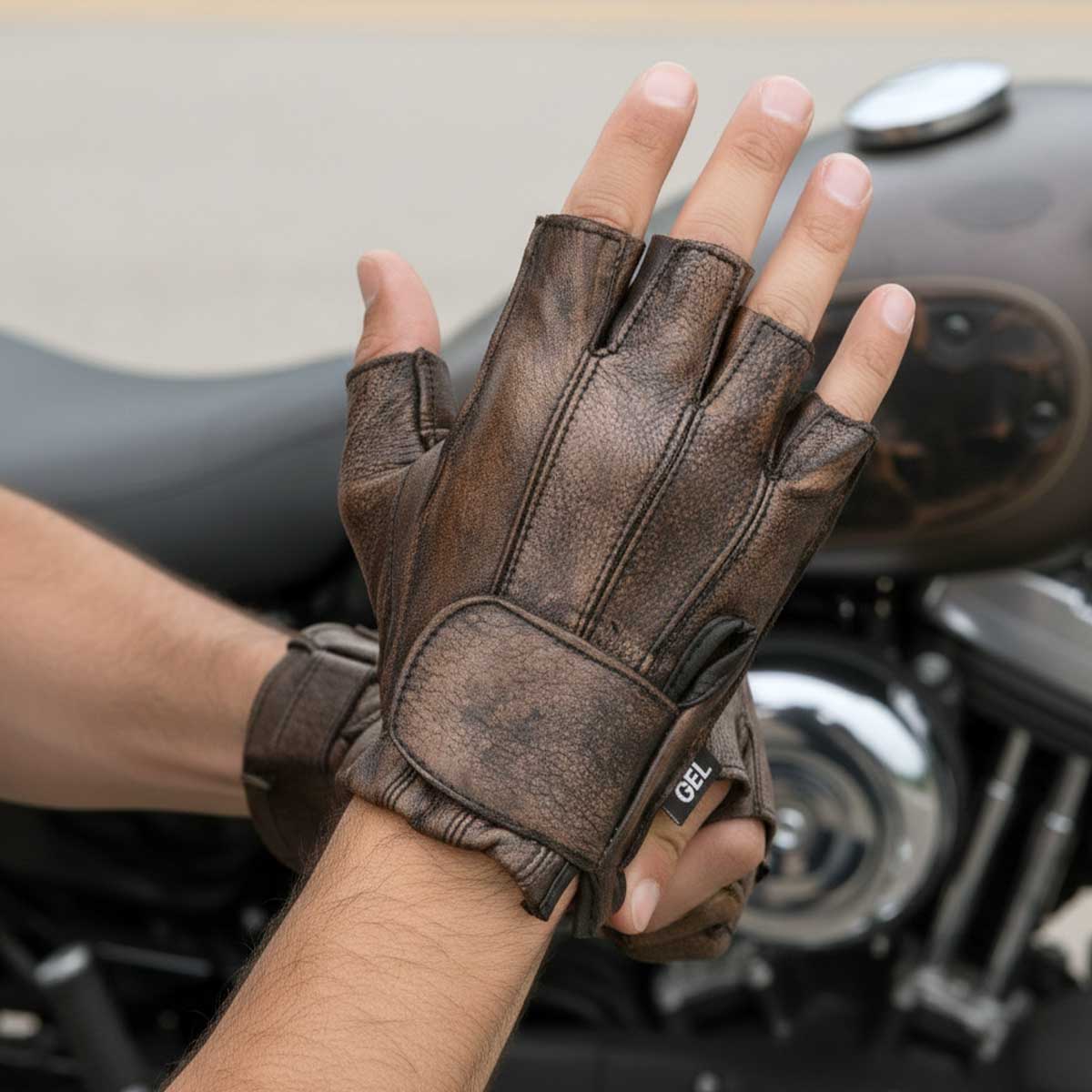 Milwaukee Leather MG7561 Men's Premium Brown Leather Gel Padded Palm Fingerless Motorcycle Hand Gloves