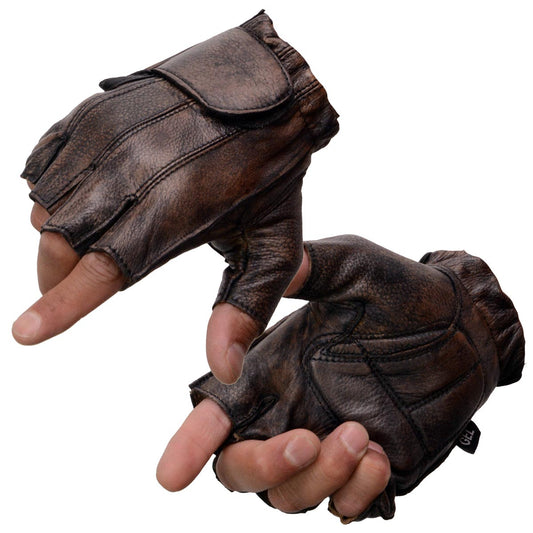 Milwaukee Leather MG7561 Men's Brown Leather Gel Padded Palm Fingerless Motorcycle Hand Gloves Made W/ ‘Naked Leather’