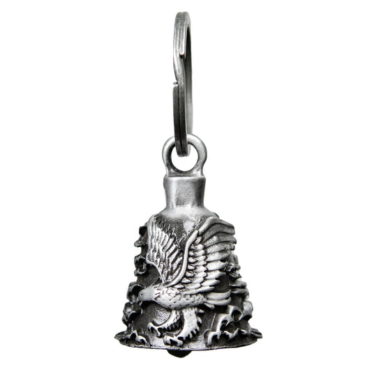 A silver motorcycle good luck bell with an embossed eagle design, attached to a split ring for key chain use.