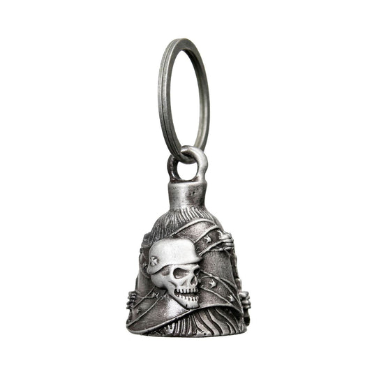 A silver motorcycle guardian bell good luck bell with a helmet skull design, attached to a split ring for key chain use.