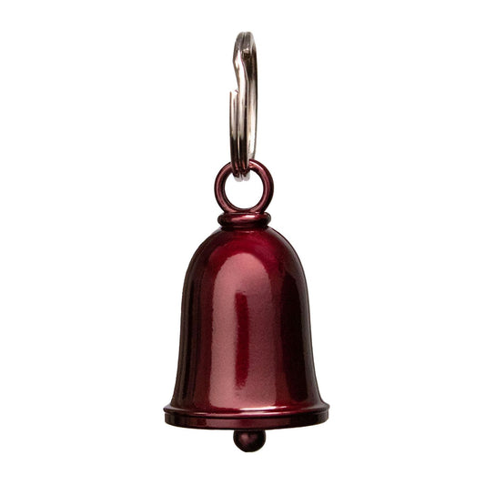 A red motorcycle good luck bell with a key ring attached, designed to be hung on a motorcycle.
