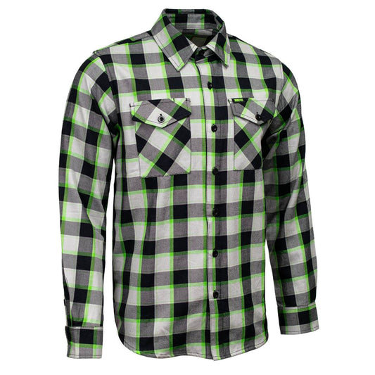 MMCC Radioactive Men's Black Gray Green Plaid Flannel Shirt - 100% Cotton Long Sleeve Button-Up - MMC11602