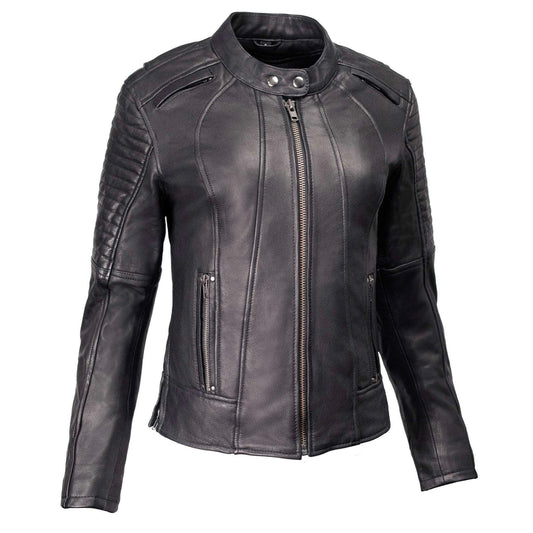 Milwaukee Motorcycle Clothing Co. Women's Foxy Scooter Style Black Premium Leather Jacket w/ Mandarin Collar MMC20000