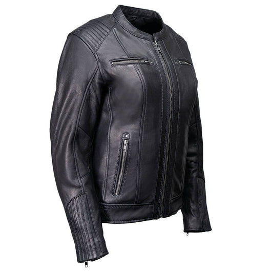 Milwaukee Motorcycle Clothing Co. Women’s Rebel Scooter Style Black Leather Biker Jacket w/ Mandarin Collar MMC20002