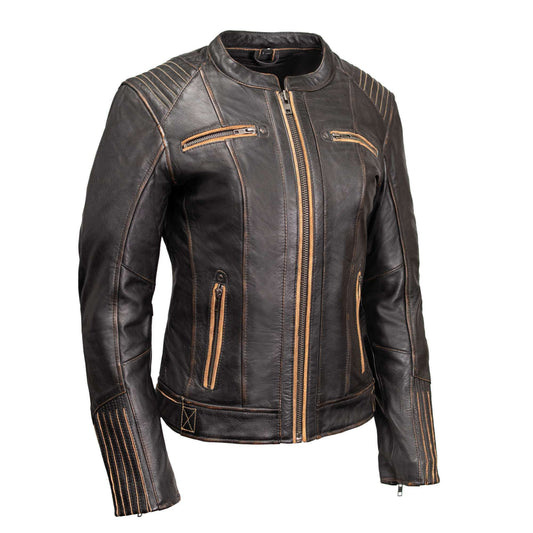 Milwaukee Motorcycle Clothing Co. Women’s Rebel Scooter Style Vinage Brown Leather Jacket w/ Mandarin Collar MMC20003