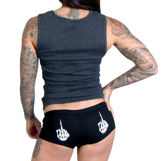 This image displays the Hot Leathers PTB7061 Skeleton Middle Finger Biker Boy Shorts, designed for adult women. The shorts are black and feature a bold graphic print of two skeleton hands flipping the bird, adding a striking visual element.