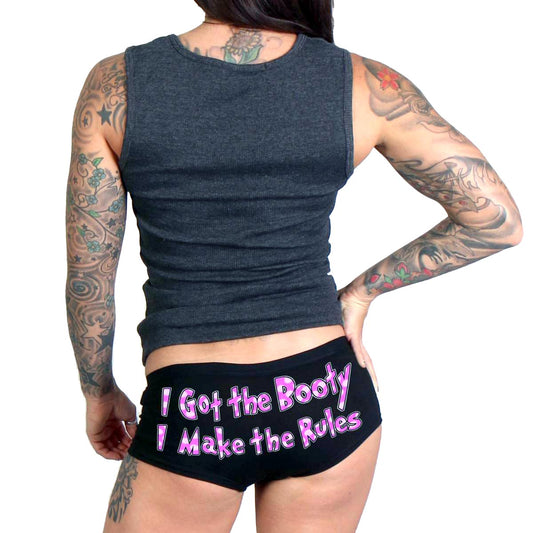 This image features a pair of women's boy shorts, designed with a bold and playful message. The shorts are made from a comfortable blend of 90% cotton and 10% spandex, ensuring both fit and ease of movement.