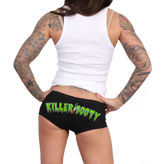 This image features the Hot Leathers Killer Booty Boy Shorts, designed for an adult female audience. The shorts are crafted from a comfortable blend of 90% cotton and 10% spandex, ensuring both fit and comfort.