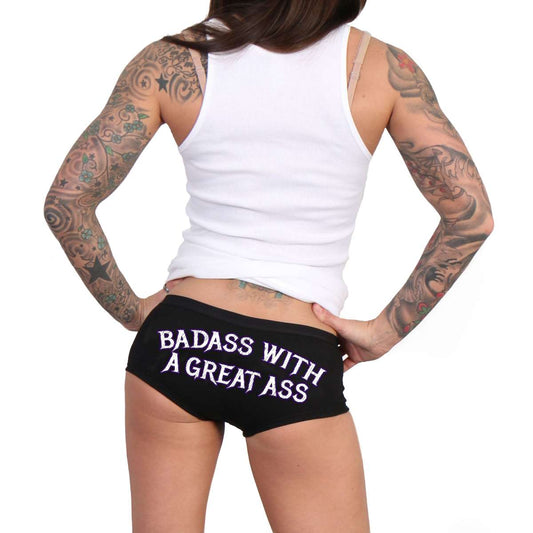This image features the Hot Leathers Ladies Badass Boy Shorts PTB7579, designed for an adult female audience. The shorts are crafted from a comfortable blend of 90% cotton and 10% spandex, ensuring both fit and comfort.