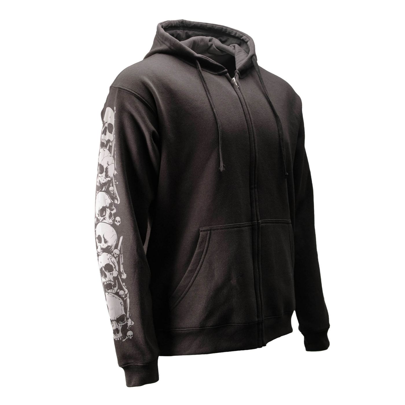 Dark zip front hoodie with skull design on sleeve against a white background
