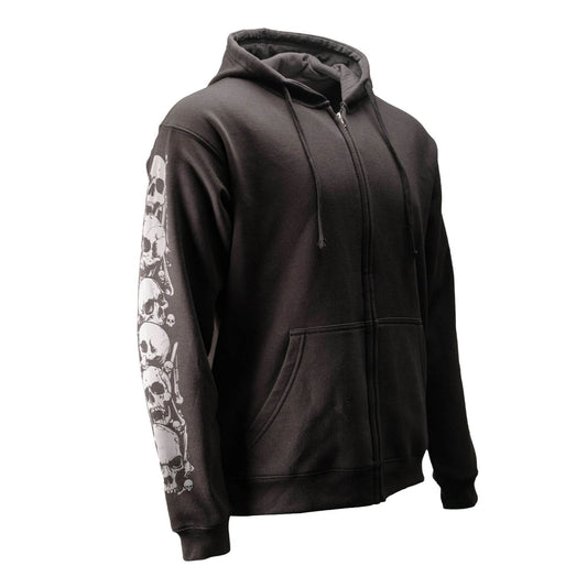 Dark zip front hoodie with skull design on sleeve against a white background