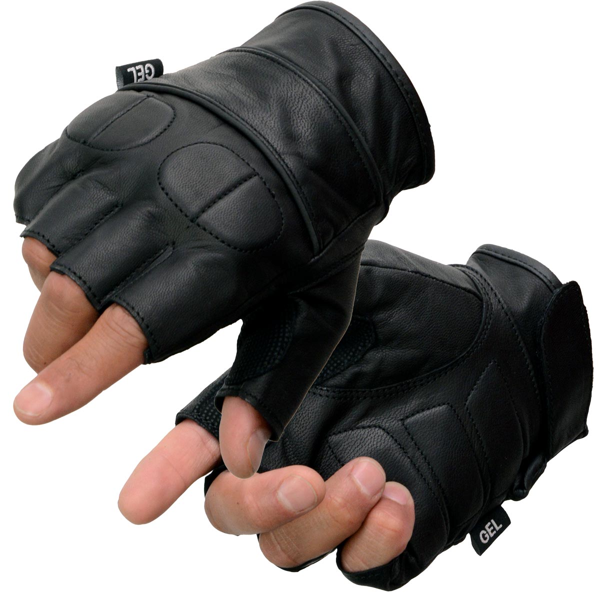 Milwaukee Leather SH462 Men's Black Leather Gel Palm Fingerless Motorcycle Hand Gloves W/ Soft and Stylish ‘Knuckle Pads’