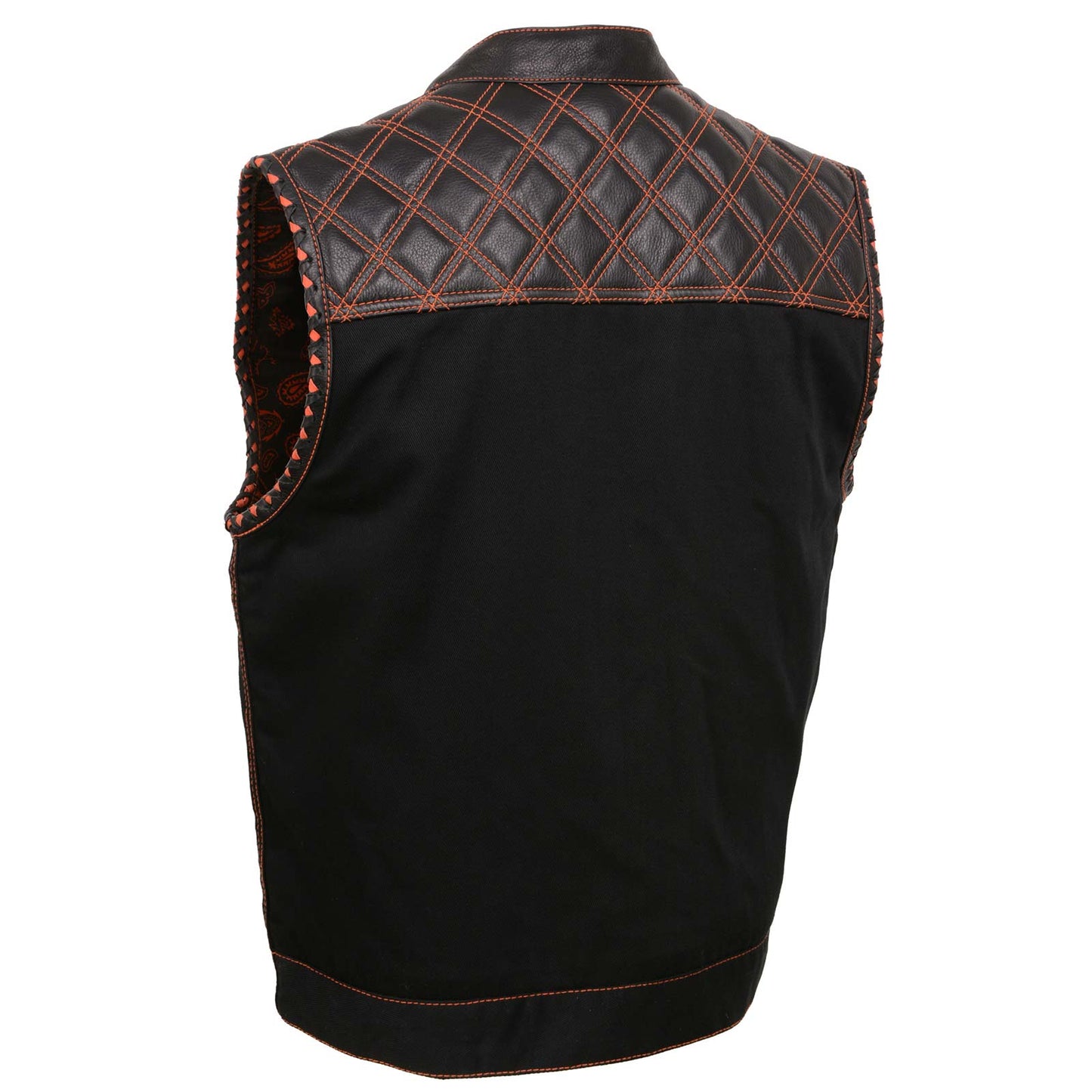 Milwaukee Leather MDM3037 Men’s Wrecker Club Vest – Black Denim & Leather, Diamond Quilt, Orange Stitch