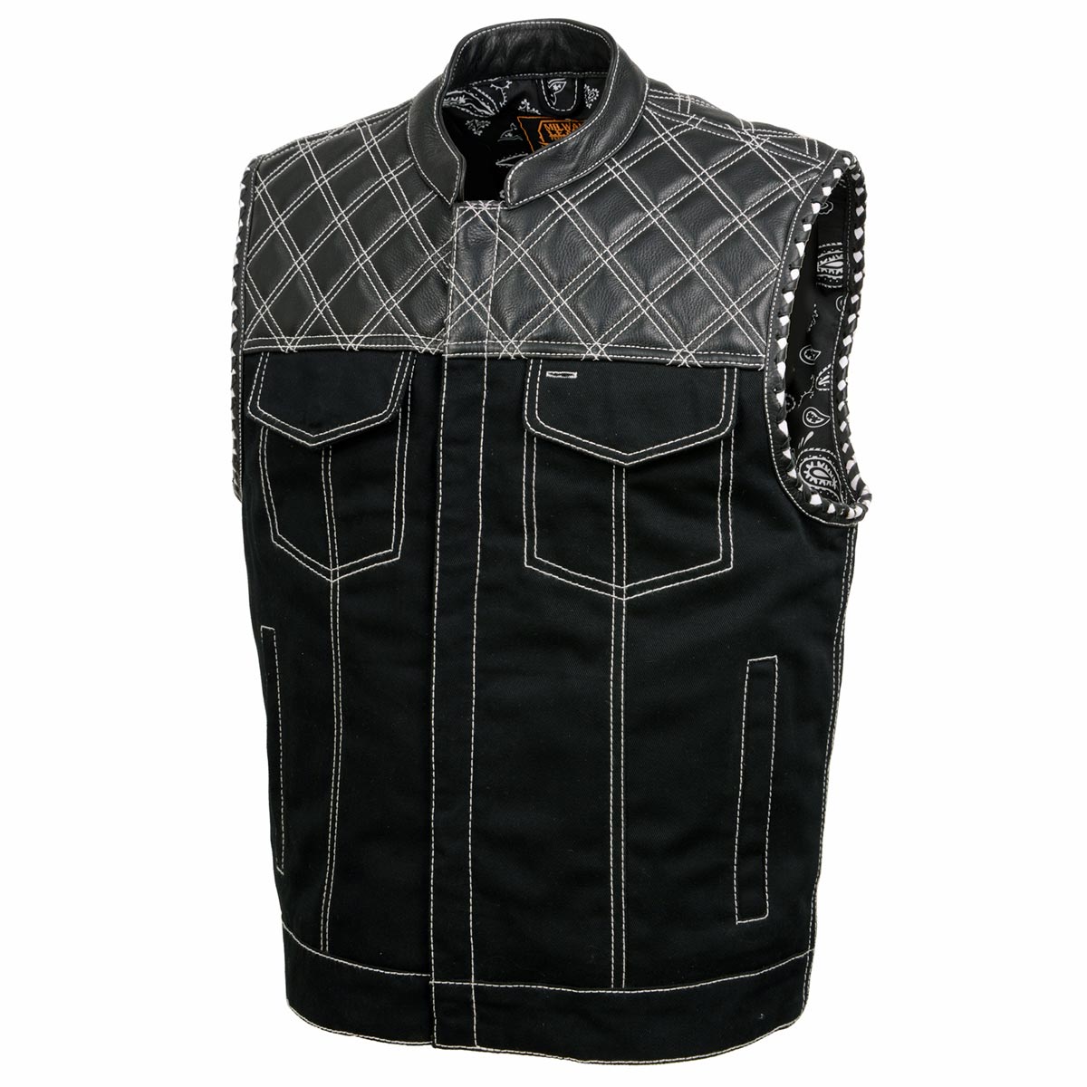 Milwaukee Leather MDM3035 Men’s Wrecker Club Vest – Black Denim & Leather, Diamond Quilt, White Stitch