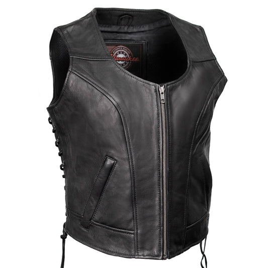 Milwaukee Motorcycle Clothing Co. Women's Rave Black Premium Leather Deep Neck Side Lace Vest MMC40000