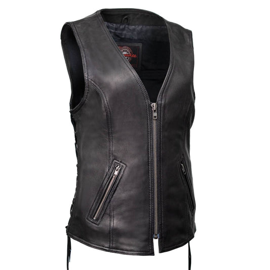 Milwaukee Motorcycle Clothing Co. Women's Jenni Black Premium Leather V-Neck Side Lace Vest MMC40001