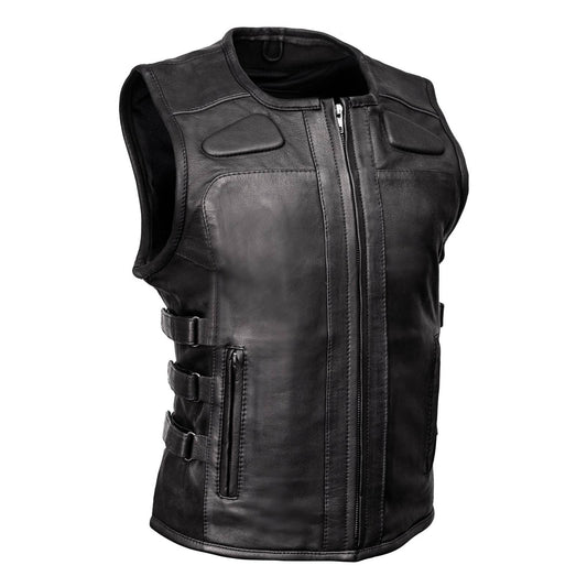 Milwaukee Motorcycle Clothing Co. Women's Gixxer Black Premium Leather Vest w/ Round Neck Side Buckle MMC40003