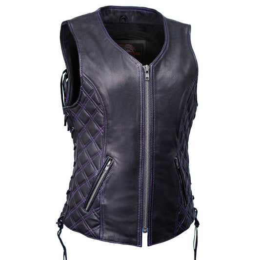 Milwaukee Motorcycle Clothing Co. Women’s Liberty Black and Purple Leather V-Neck Biker Vest w/ Side Lacing MMC40006