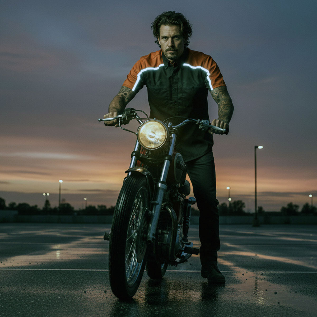 Milwaukee Motorcycle Clothing Co. Men’s Blk/Orange Mechanic Work Shirt – w / Reflective Strip, Rider‑Built MDM11603