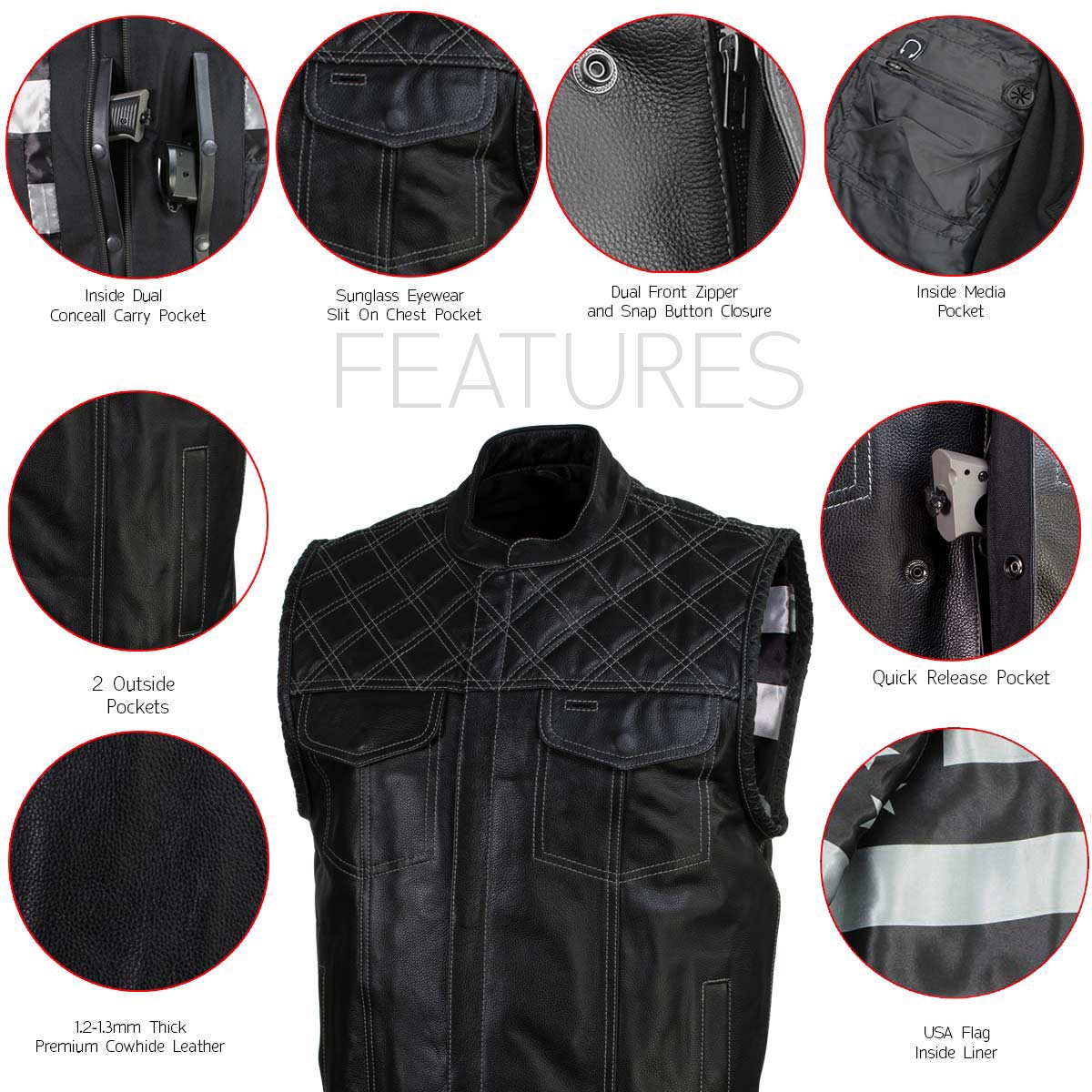 Milwaukee Leather LKM3784 Men's Classic Black Leather Motorcycle Rider Vest Stars and Stripes Design w/ USA Flag Liner