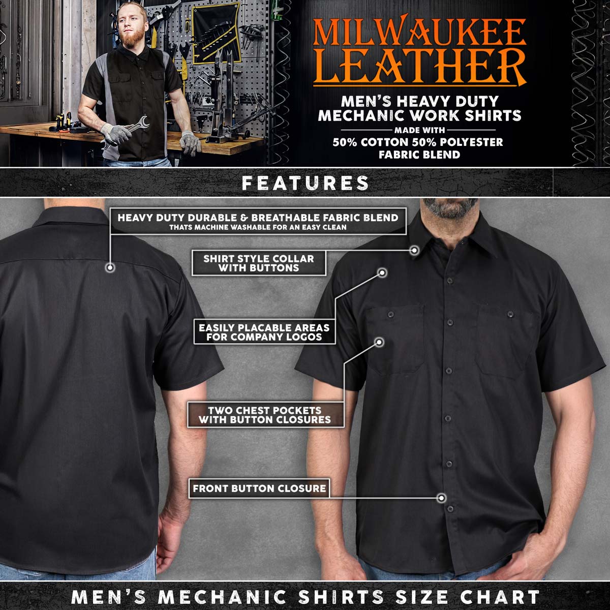 Milwaukee Leather MDM11669 Men's Black Button Up Heavy Duty Work Shirt | Classic Mechanic Work Shirt w/ Pockets