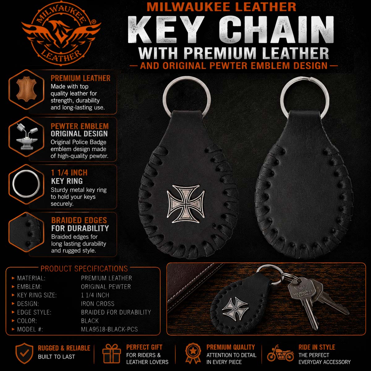 Milwaukee Leather Black Iron Cross Pewter Emblem Key Chain - MLA9518