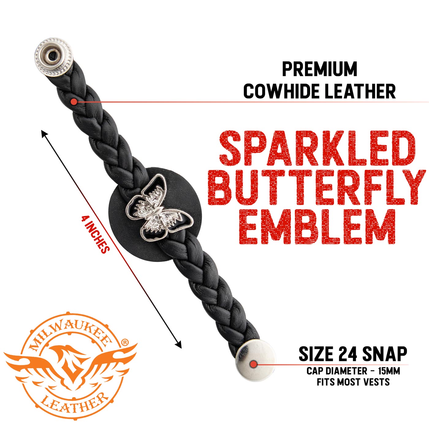 Milwaukee Leather Spark Medallion Vest Extender Genuine Leather Braided Strap 6.5" Extension 4-PCS MLA6068SET