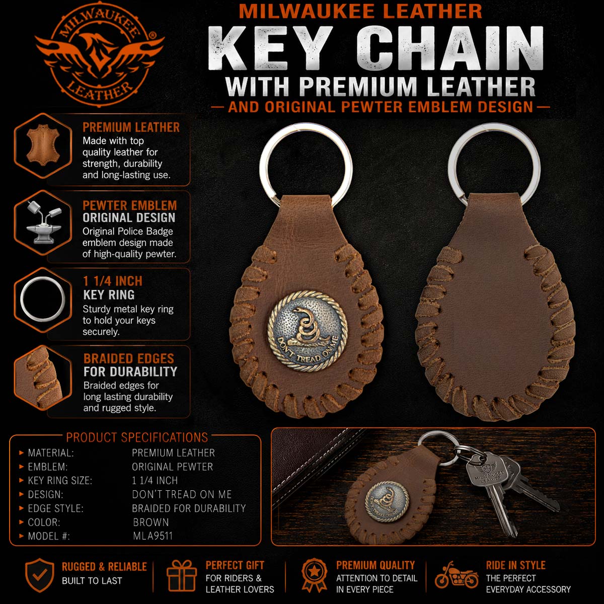 Milwaukee Leather Black Don't Tread On Me Pewter Emblem Key Chain - MLA9511