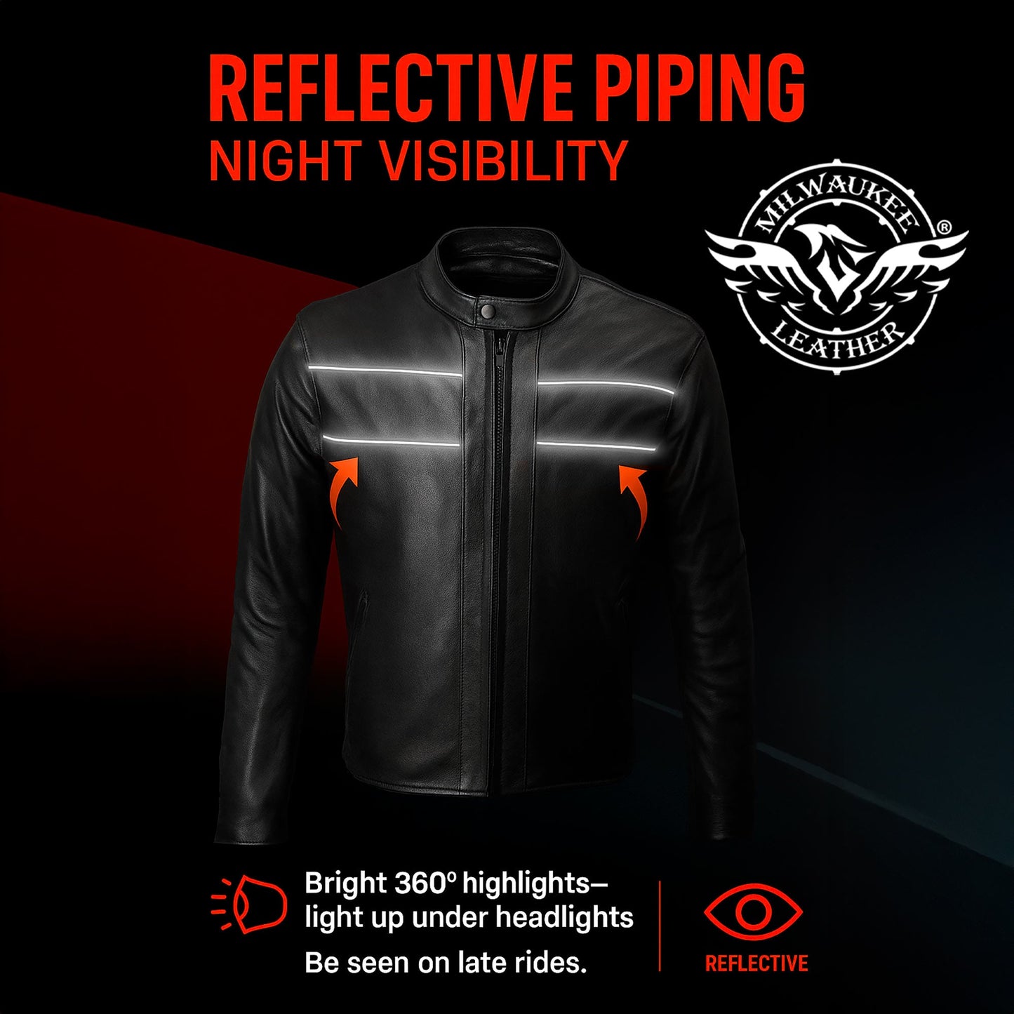 Milwaukee Leather USA MADE MLJKM5003 Men's Black Echo Premium Leather Motorcycle Jacket with Reflective Piping