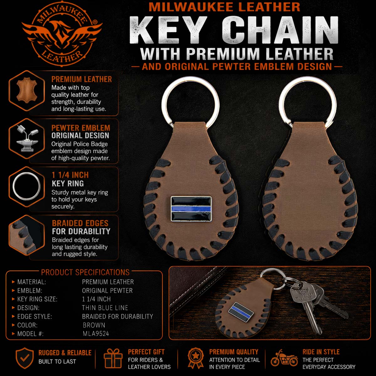 Milwaukee Leather Black -Thin Blue Line Pewter Emblem Key Chain - MLA9524