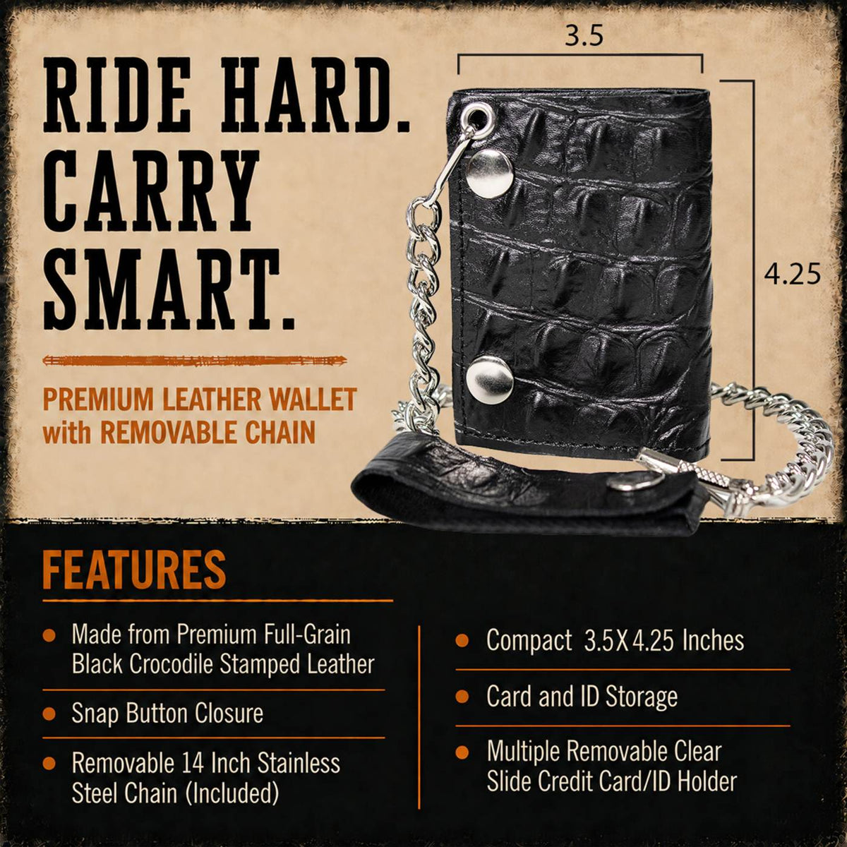 Milwaukee Leather Black Crocodile-Stamped Tri-Fold Leather Wallet - MLW7842