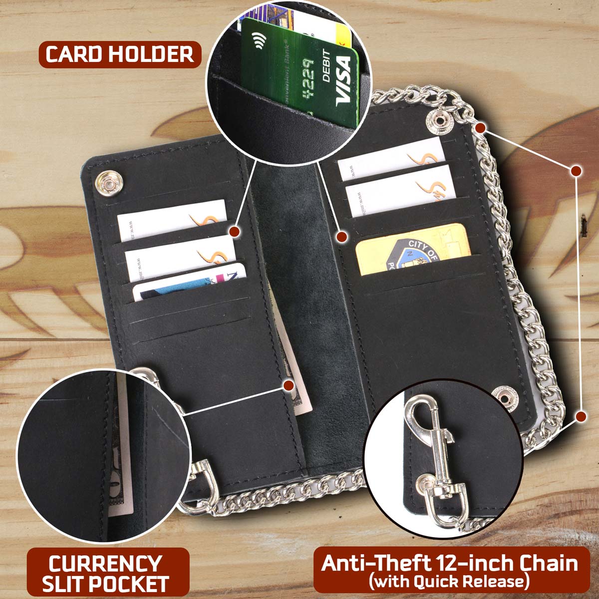 Milwaukee Leather MLW7892 Men's 7" Leather Bi-Fold Biker Wallet w/ Multiple Storage and Trigger Hook Anti-Theft Stainless Steel Chain