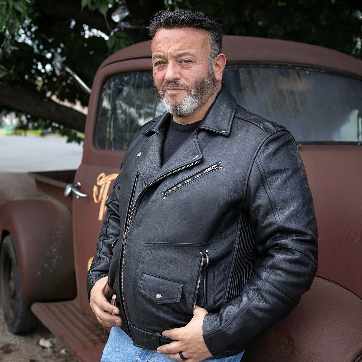 Milwaukee Motorcycle Clothing Co. Men's Unforgiven MC Style Black Leather Jacket w/ Lapel Collar MMC10008