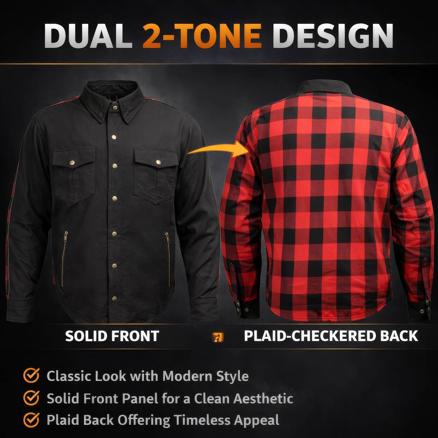 Milwaukee Leather Men’s Two-Tone CE Armored Flannel - Solid Front / Plaid Back - Reinforced w/ Aramid Fibers - MPM1671